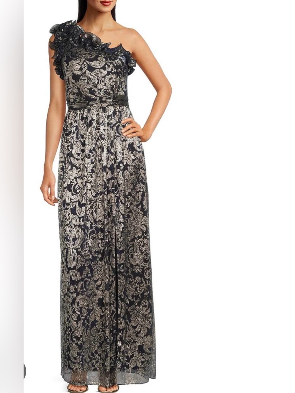 NWT Adrianna Papell Metallic Ruffle Neck One Shoulder Printed Crinkle Gown